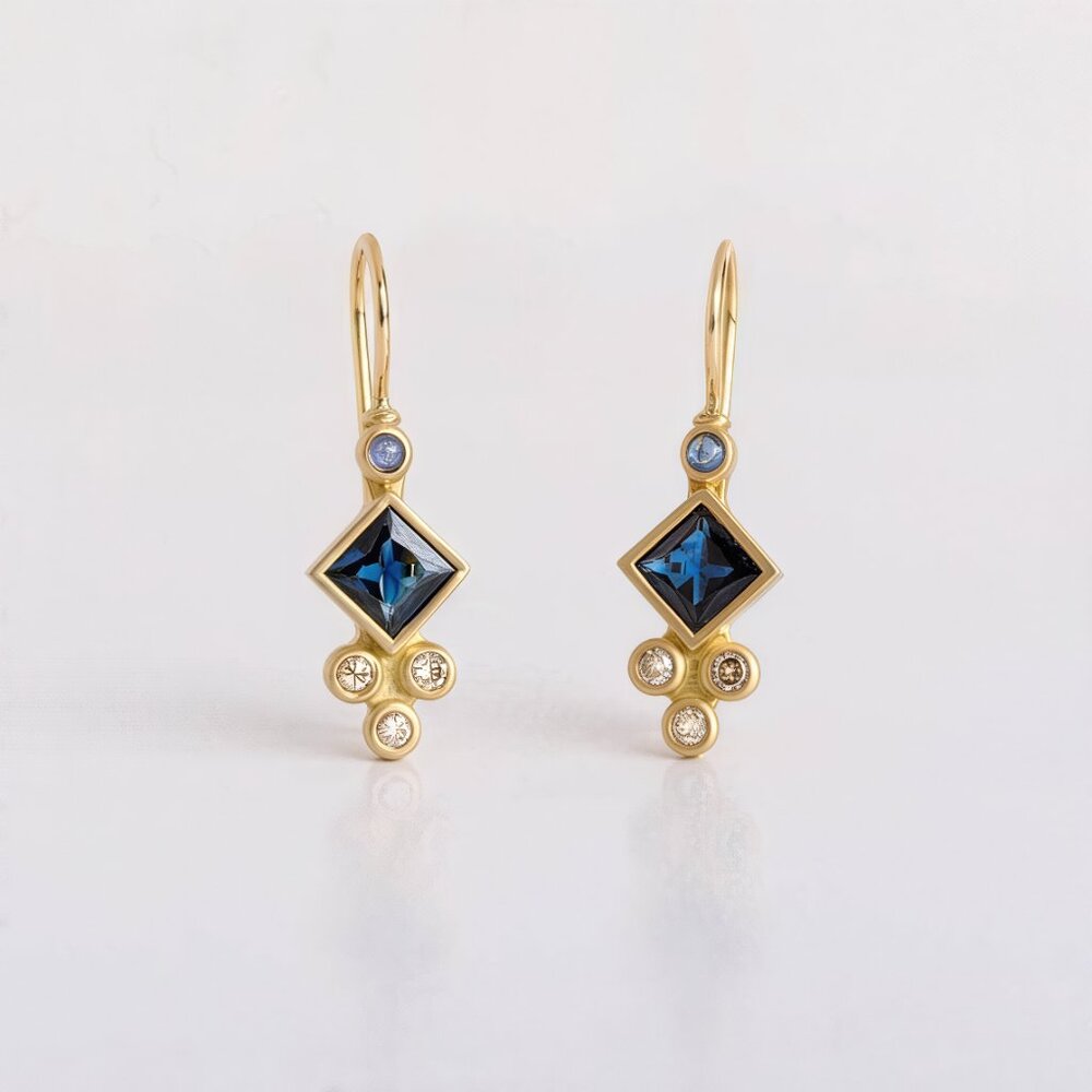 Princess Cut Sapphire Diamond 14K (or 18k upon request)Yellow Gold Drop Earrings